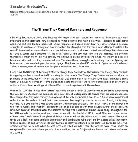 ⇉The Things They Carried Summary and Response Essay Example | GraduateWay
