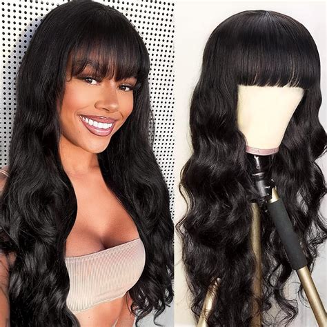 Amazon.com : Body Wave Wigs with Bangs Human Hair Wigs for Black Women ...