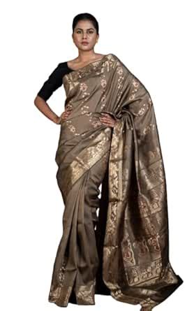 Buy Bengal looms India Handwoven Swarnachari Pure Silk Saree in Ashen ...
