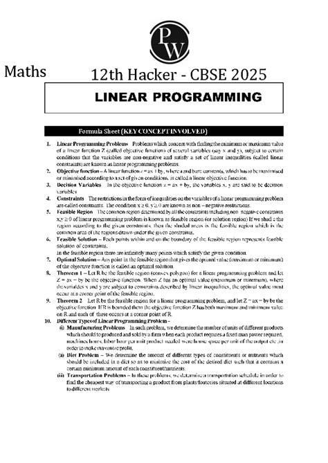 Linear Programming Formula Sheet - P W Maths 12th Hacker CBSE 2025 ...