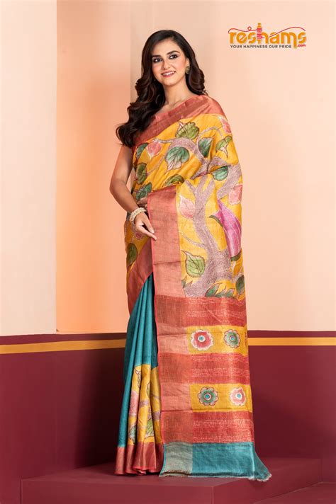 Tussar Kantha Stitch with yellow sky hand paint gopala motif – Reshams