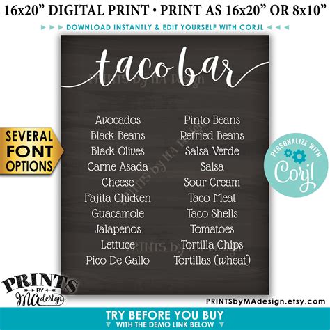 Taco Bar Menu Sign, Fiesta Party Menu, Custom PRINTABLE 8x10/16x20 Chalkboard Style edit ...