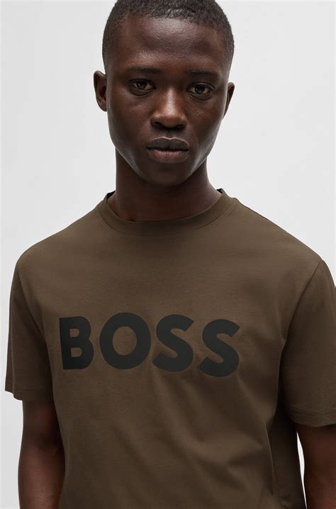 BOSS - Cotton-jersey T-shirt with rubber-print logo - Brown