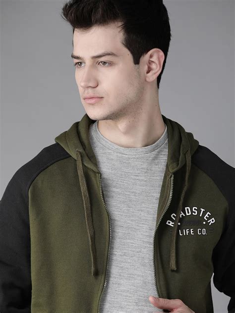 Roadster Men Olive Green & Black Solid Hooded Sweatshirt - Price History