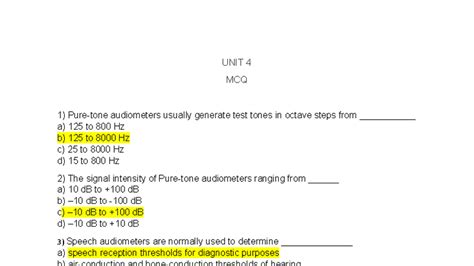 UNIT 4 QB - important questions - UNIT 4 MCQ 1) Pure-tone audiometers ...