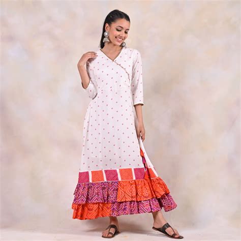 Buy White Bandhani Angrakha Yoke Dress | Rustorange