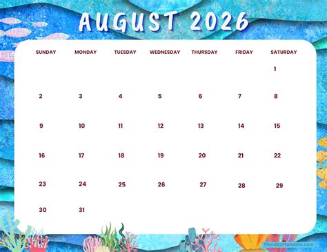 Calendar August 2026 Free Printable