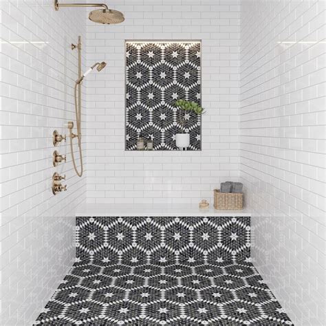 Santorini Black & White Petals Marble Mosaic Tile | Tile Club
