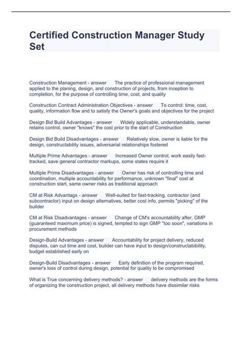 Certified Construction Manager Study Set Questions and Answers 2023 ...