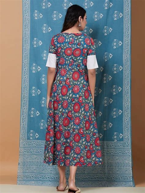 Buy Blue Red Hand Block Printed Cotton Dress | KK/S18/119/KAL4 | The loom