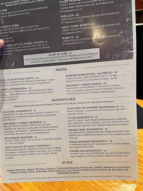 Menu at The Boundary House Restaurant, Calabash