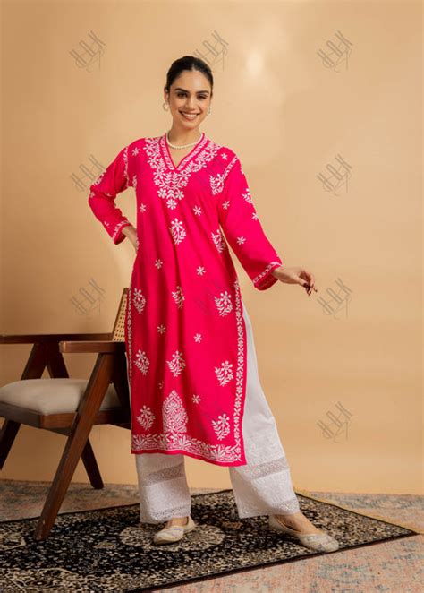Cotton Blossom Chikankari V-Neck Kurta | Pink Chikankari Kurta Set ...