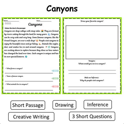 Canyons | Short Reading Comprehension Creative Worksheet – PrintableBazaar