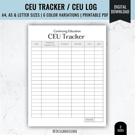 CEU Tracker | CEU Log | Continuing Education | CEU Worksheet ...