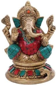 KOLAMBAS Brass Figurine Lord Ganesha with Stone work Hindu God Statue ...