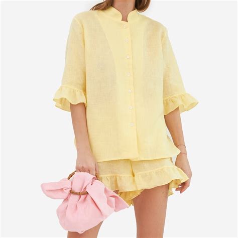 Pastel Yellow Linen Pajama Set, Linen Ruffle Shorts and Shirts, Light ...