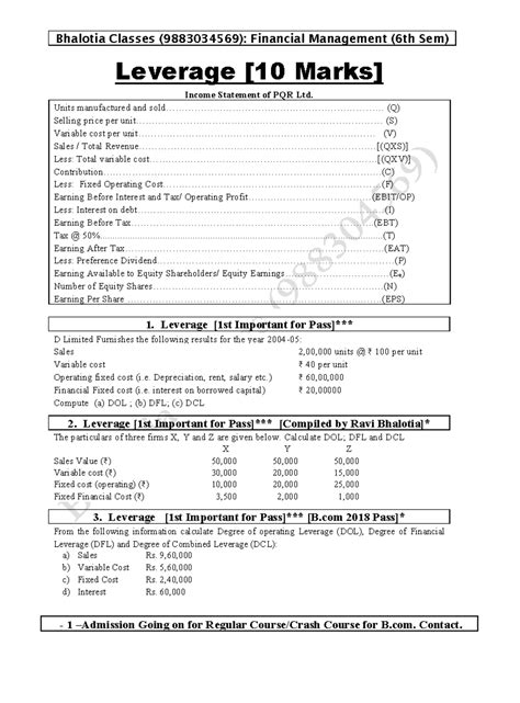 Leverage - Sem 6 bcom - Leverage [10 Marks] Income Statement of PQR Ltd ...