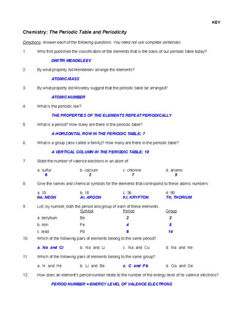 Periodic Table Questions With Answers