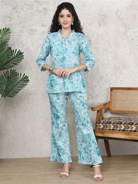 Co-Ord Set for Women - Blue Abstract Cotton Print | Claura
