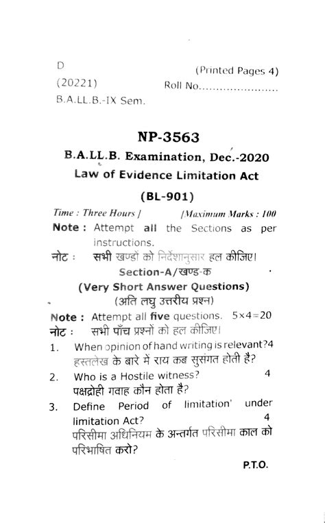 Ballb 9 sem law of evidence limitation act np 3563 dec 2020 - D ...