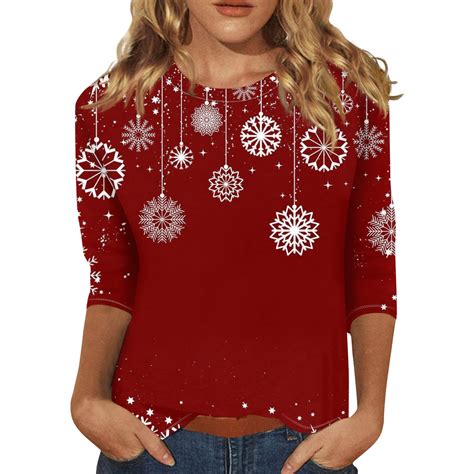 Christmas T Shirts for Women 3/4 Length Sleeve Womens Tops Holiday Tee ...