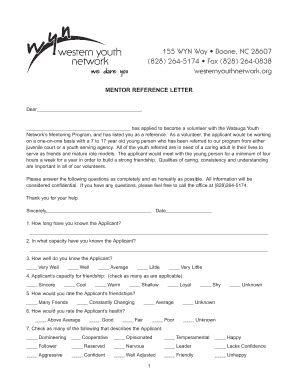 Fillable Online westernyouthnetwork MENTOR REFERENCE LETTER ...