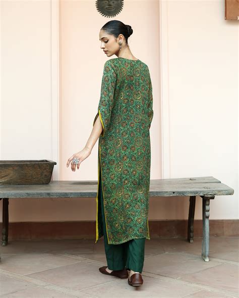 Bottle Green Modal Ajrakh Handblock Kurta With Hand Embroidery Set ...