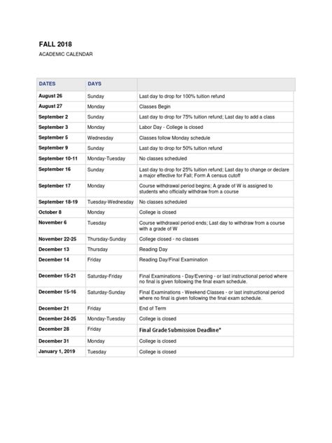 Fall 2018 Calendar | PDF