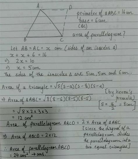 11 The perimeter of an isosceles triangle is 16 cm and itsbase is 6 cm ...