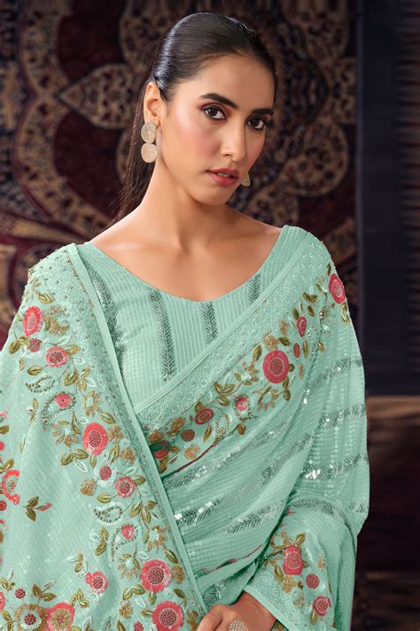 Buy Blue Embroidery Georgette Saree zb131780 | Saree Buta