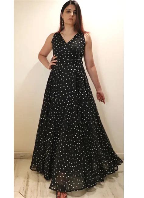 Black Dot Georgette Maxi Dress | 60% discount on all products – Indian Rani
