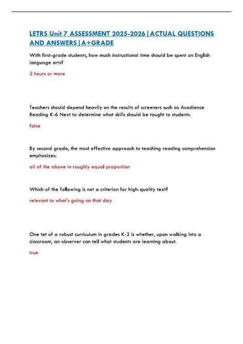 LETRS Unit 7 ASSESSMENT |ACTUAL QUESTIONS AND ANSWERS|A+GRADE - LETRS ...