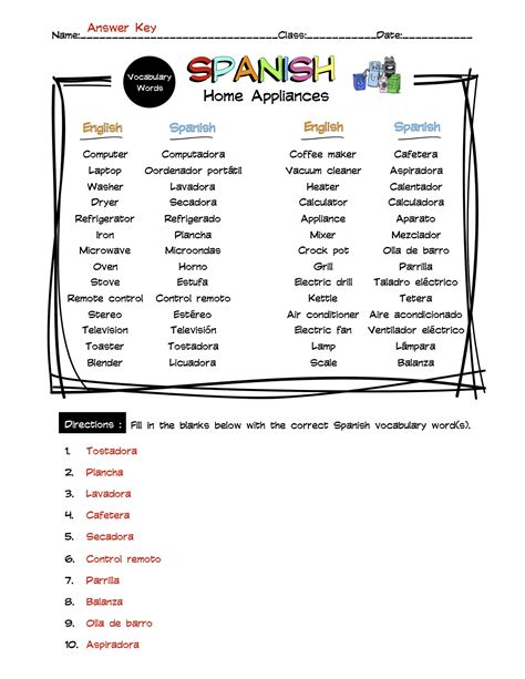 Spanish Home Appliances Vocabulary Word List Worksheet & Answer Key ...