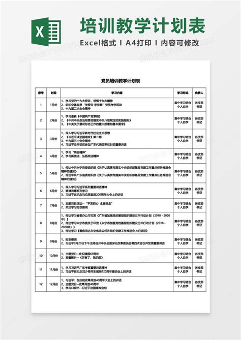 党员培训教学计划表wordExcel模板下载_熊猫办公