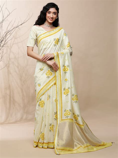 Buy Pastel Yellow Hand Block Printed Chanderi Silk Saree | SL/24/011 ...