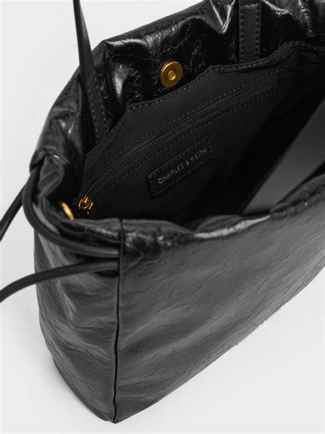 Black Mini Bethel Crinkle-Effect Ruched Drawstring Tote Bag - Black ...