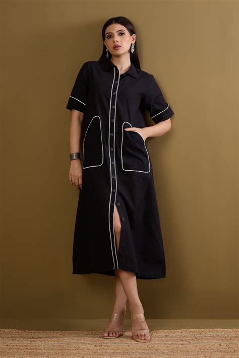 Midi Dress With Contrast Trims On Pockets - Black Cotton With White ...
