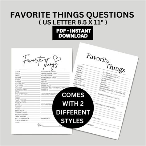 Favorite Things List Questionnaire | Favorites List Printable ...
