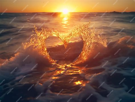 Premium Photo | A heart shaped wave is in the ocean with the sun ...