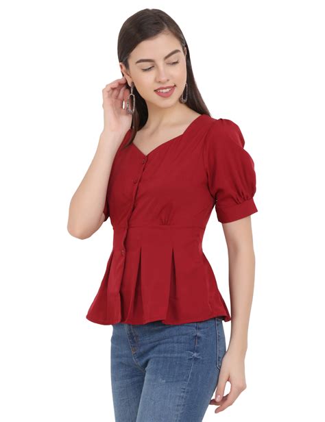 Emeros Women Puff Sleeve Button-up Pleated Maroon Top
