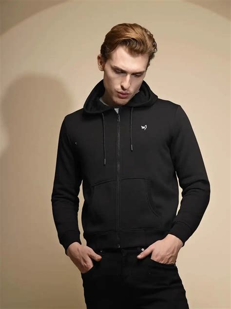 Black Solid Hosiery Hooded Sweatshirt