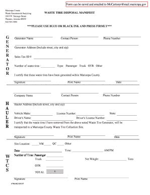 Fillable Online pinalcountyaz WASTE TIRE DISPOSAL MANIFEST - Pinal ...