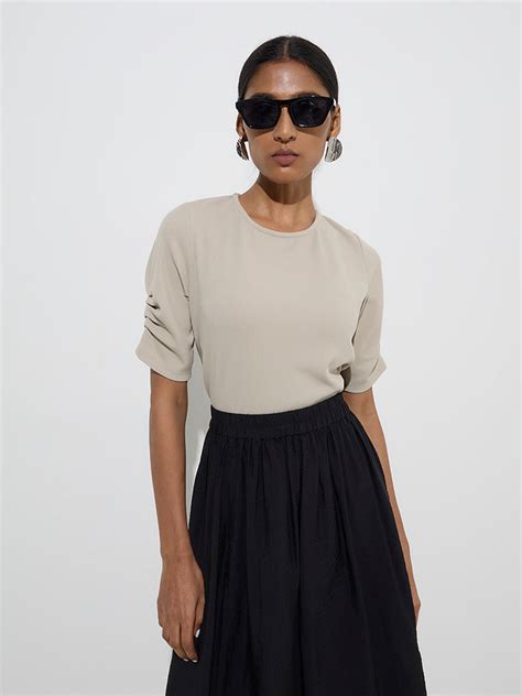 Buy Wardrobe Beige Self-Striped Top from Westside