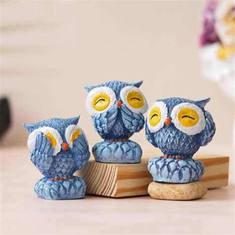 Set of 3 Blue Owl Figurines – Whimsical Polyresin Bird Statues for Che ...