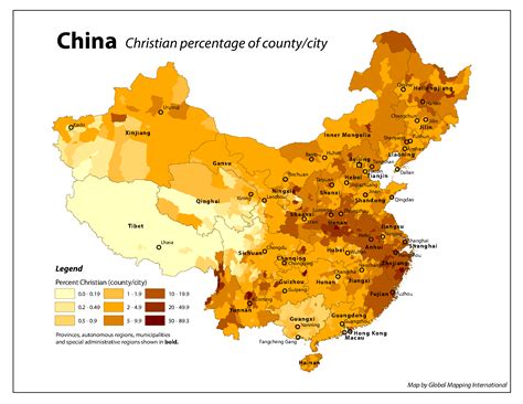 Map of Christianity in China, growing fast from 28 million Christians in 2009 to 106 million by ...