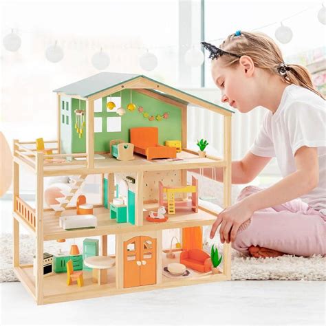Open Ended Candy Wooden Dollhouse with 25 pcs Furniture Accessories ...