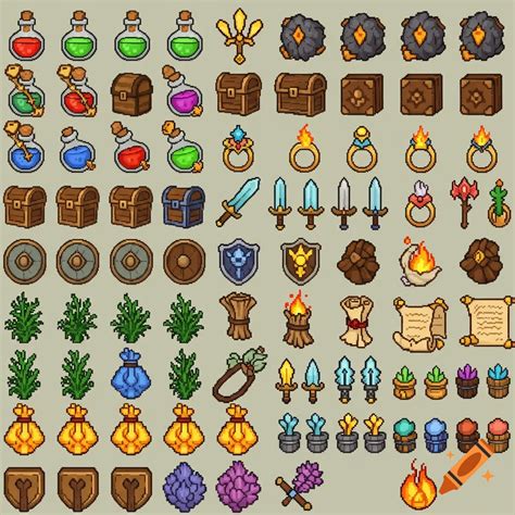 Pixel art sprite sheet of 2D fantasy RPG elements including potions, chests, swords, shields ...