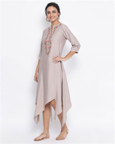 Beige Triangle Dress With Button Embroidery | LELA By Varija