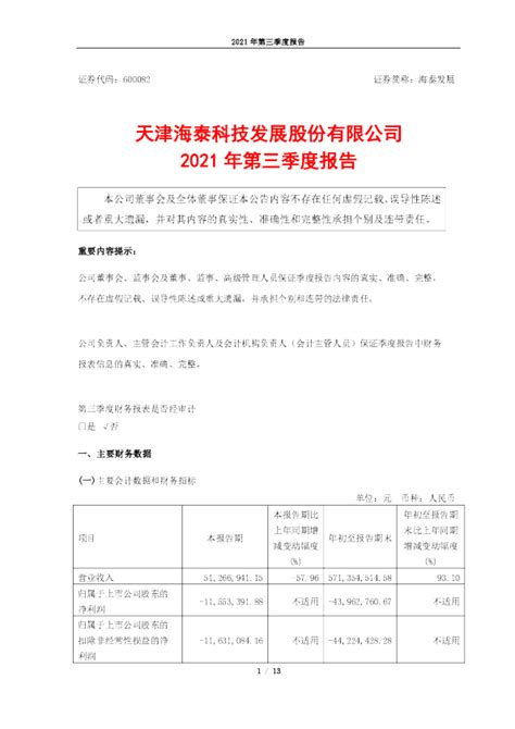 海泰发展：天津海泰科技发展股份有限公司2021年第三季度报告