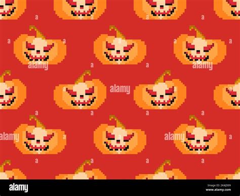 Pixelated pumpkins with carved faces for Halloween seamless pattern. 8 bit Halloween pumpkins in ...